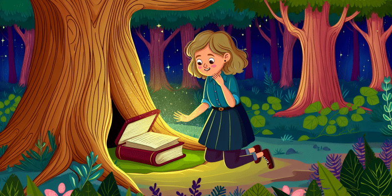 A young girl named Lily discovering a magical book hidden beneath a tree in the enchanted forest.