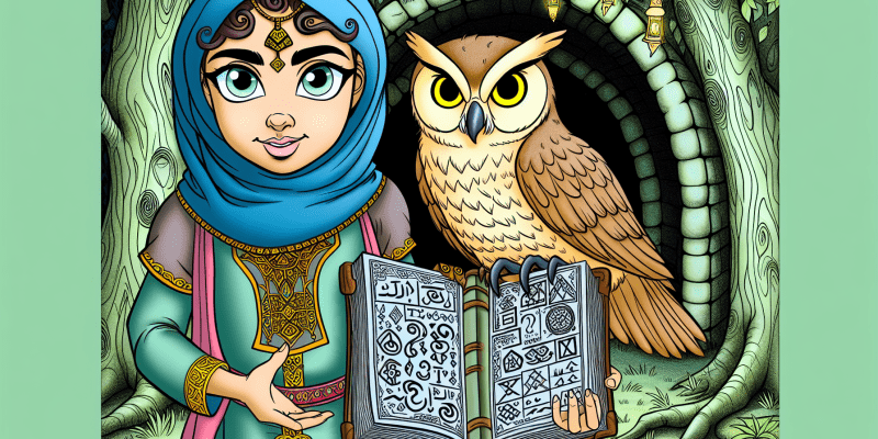 [Image prompt: A young girl with a mischievous sprite and a wise old owl standing in front of a hidden chamber in the Enchanted Forest, holding a book filled with ancient wisdom and powerful spells.]