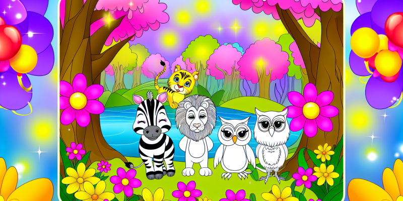 [Image prompt: A group of animal friends, including a zebra, lioness, owl, and rabbit, standing together in a magical forest, with vibrant flowers and a sparkling stream in the background.]