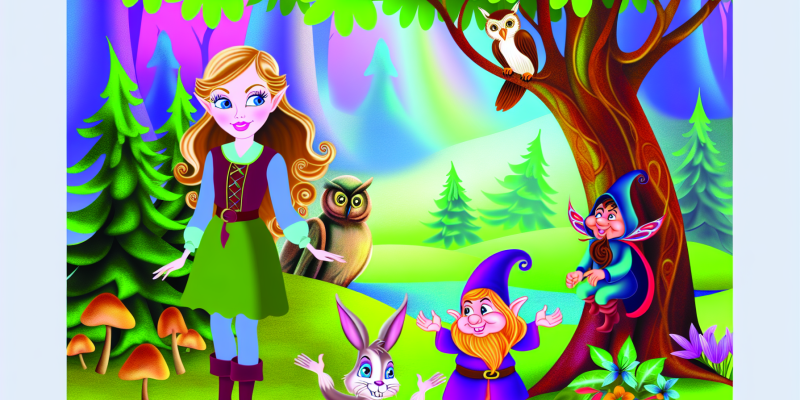 [ A young girl with long, flowing hair standing in a colorful, enchanted forest, accompanied by a friendly rabbit and a mischievous elf, with a majestic owl in the background.]