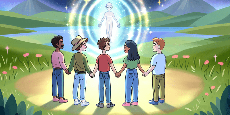 [Image prompt: A group of friends standing in a magical meadow, holding hands and surrounded by swirling, sparkling light. In the distance, a mysterious, glowing stone is visible.]