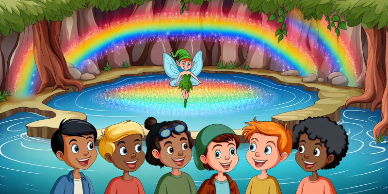 [ A group of friends standing in front of a sparkling, rainbow-colored pond in the Enchanted Forest, with a mischievous pixie hovering nearby.]