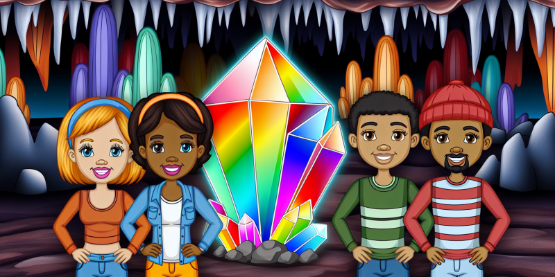 A group of friends standing in front of a shimmering, rainbow-colored crystal in a mysterious cave.