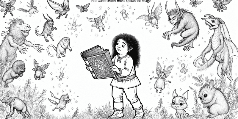 A young girl holding a mysterious old book in the Enchanted Forest, surrounded by magical creatures with unique and complex names.