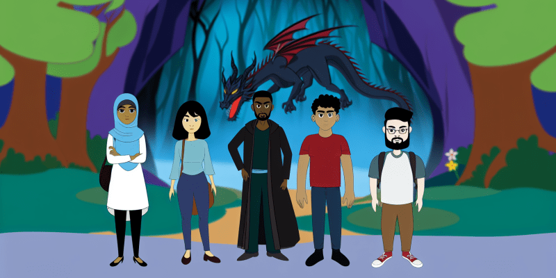 A group of friends standing at the entrance of a mystical forest, with a dragon looming in the background.