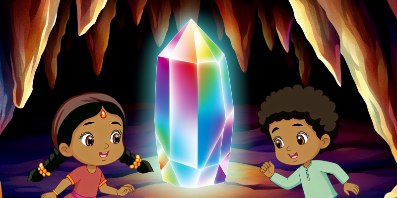 [ A glowing, multi-colored crystal nestled in a dark, mysterious cave, with two children cautiously approaching it, their faces filled with wonder and curiosity.]