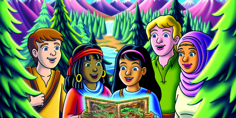 A group of friends standing at the edge of a mystical forest, gazing at a hidden land beyond the mountains, with a mysterious map in their hands.