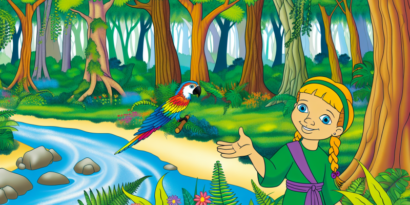 A young girl with a bird perched on her outstretched hand, surrounded by a lush forest and a flowing river.