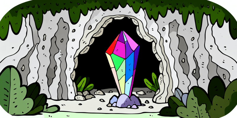 [ A magical crystal shimmering with all the colors of the rainbow, nestled in a mysterious cave in the Enchanted Forest.]