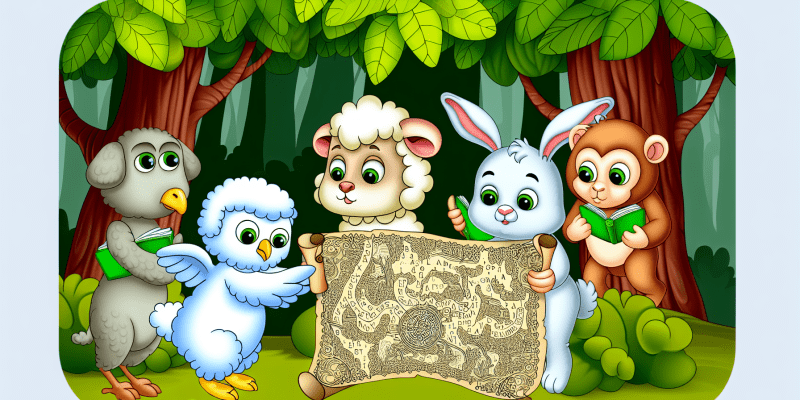 [Image prompt: A group of adorable animals - a lamb, an owl, a rabbit, and a monkey - standing together in a magical forest, studying a mysterious map with intricate details and a complex puzzle.]