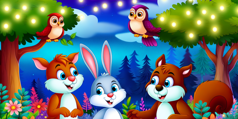 A group of animals, including a rabbit, a squirrel, and an owl, gathered together in a magical forest, with a sense of camaraderie and friendship evident in their expressions and body language.