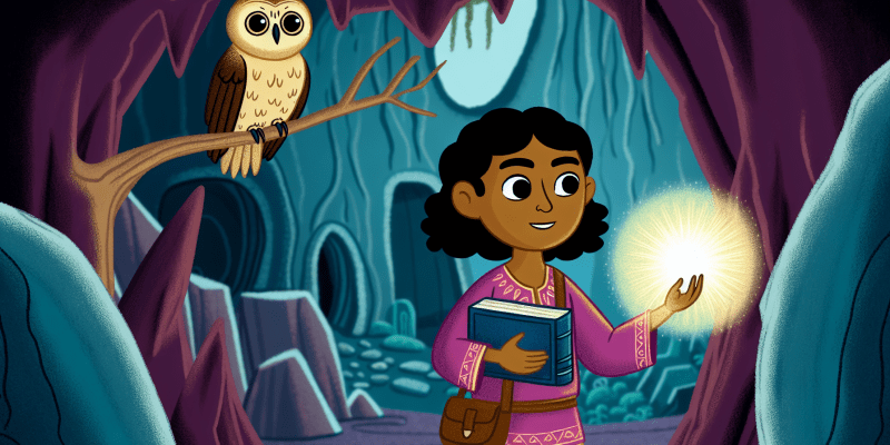 A young girl standing at the entrance of a mysterious cave, holding a glowing book in her hands, with a wise old owl perched on a nearby tree.