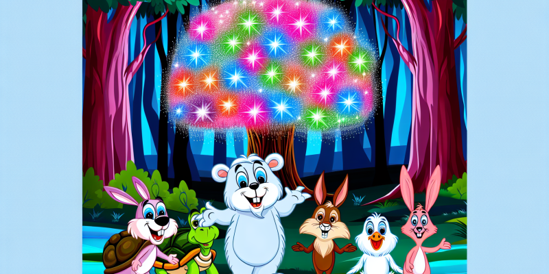 A group of animal friends standing in front of a glowing, multi-colored tree in the Enchanted Forest.