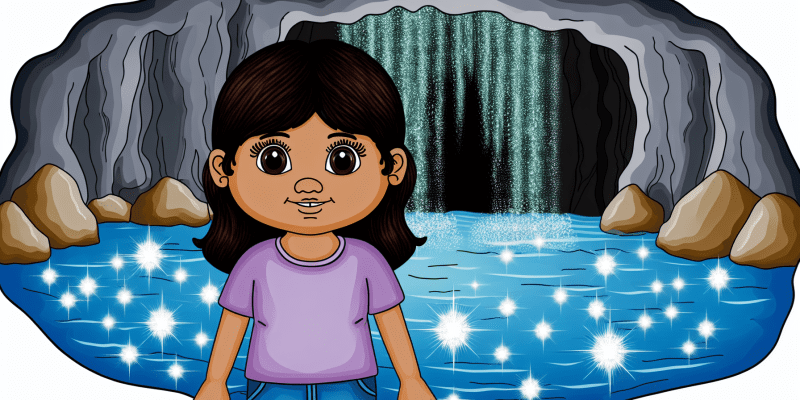 A young girl standing in front of a sparkling waterfall, with a mysterious cave hidden behind it.