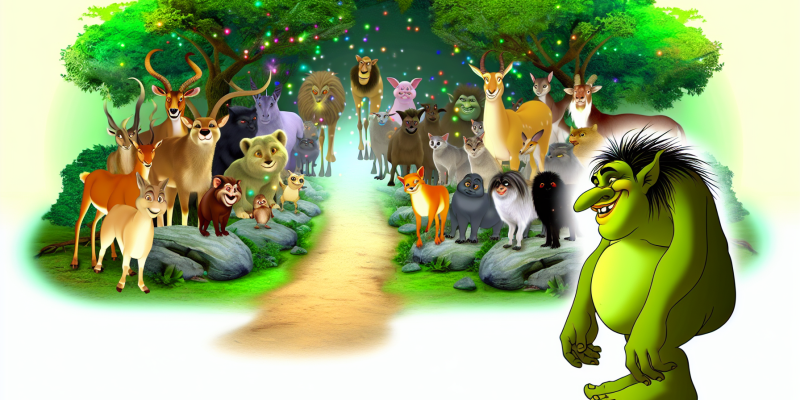 A group of animals standing together at the entrance to a magical forest, with a mischievous troll guarding the path ahead.