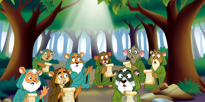 A group of animals gathered in a mystical forest, surrounded by ancient trees and shimmering light. The young animals look puzzled, while the elder animals hold scrolls with traditional names written on them.