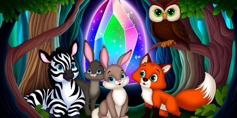 [Image prompt: A group of animal friends - a zebra, a rabbit, an owl, and a fox - standing together in a magical forest, with a shimmering rainbow crystal in the background.]