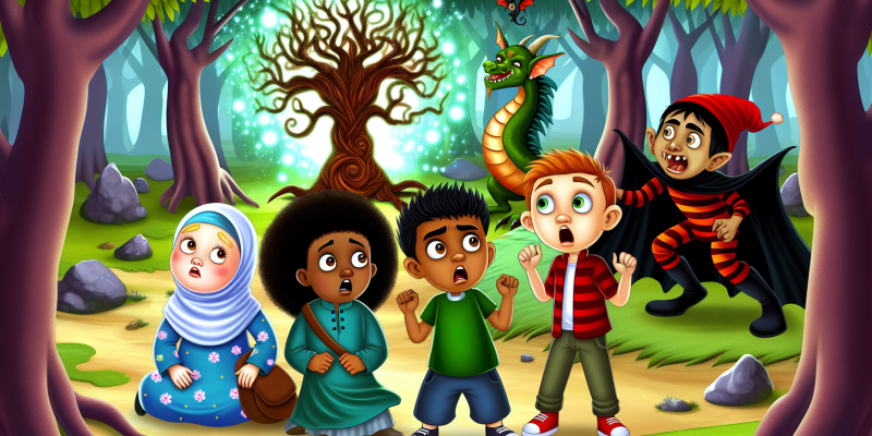 A group of children standing in front of a mysterious, glowing tree in an enchanted forest, with a dragon and a mischievous imp lurking in the background.