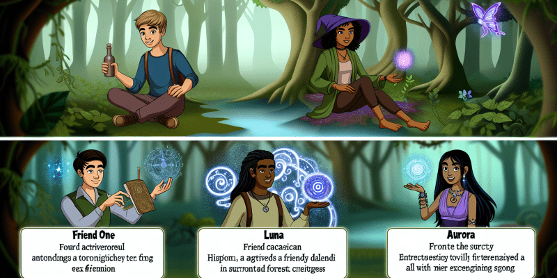 A group of friends standing in a magical forest, with each friend showcasing their unique abilities (Zephyr exploring, Luna talking to animals, Orion solving a puzzle, and Aurora singing).