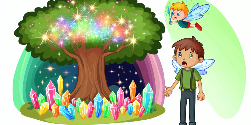 A young boy standing in front of a majestic, glowing tree, surrounded by colorful crystals and sparkling gems, with a tiny fairy hovering nearby.