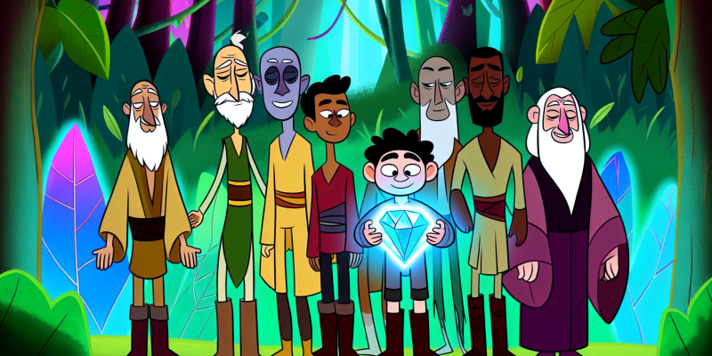 A group of unique characters with complex names standing together, holding a glowing crystal of light, with the Enchanted Forest in the background.