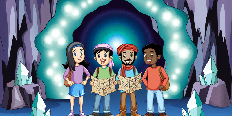 A group of friends standing at the entrance of a glowing crystal cavern, each holding a map and looking excited and determined.