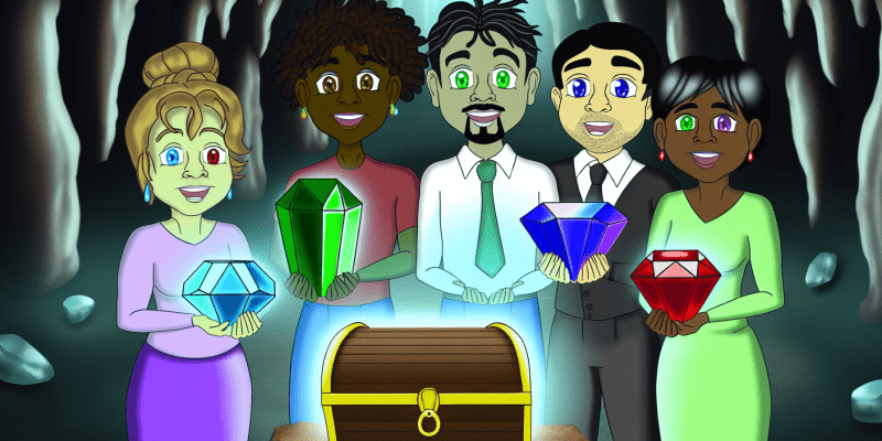 [Image prompt: A group of friends standing in front of a glowing treasure chest in a magical cave, each holding a different colored crystal and looking excited and determined.]