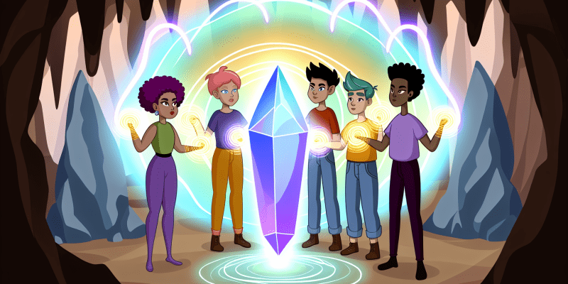 [ A group of friends standing in front of a glowing crystal in a mystical cavern, each using their unique magical abilities to protect and amplify its energy.]