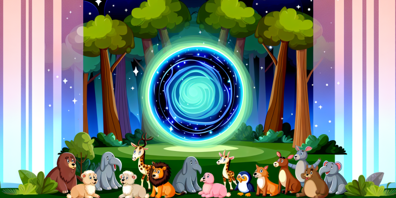 A group of animals standing in front of a mysterious, glowing portal in a magical forest.