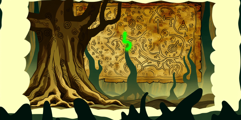 An old, weathered map with mysterious symbols and landmarks, half-hidden under the roots of a majestic tree in the Enchanted Forest.