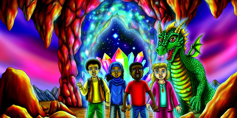 A group of friends standing in front of a glowing, mystical cave entrance, with a dragon guarding the entrance and a shining crystal visible inside the cave.