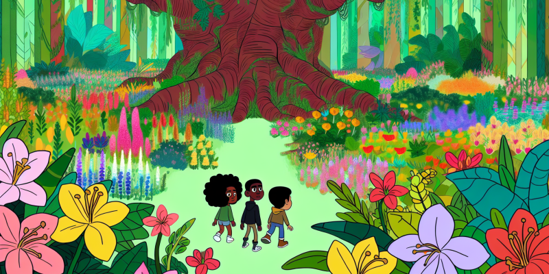 A group of three friends exploring a magical garden filled with colorful flowers and plants, with a grand old tree in the center.