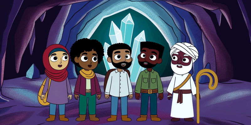 A group of friends standing in front of a glowing, magical crystal in a dark cave, each with a determined and hopeful expression on their face.