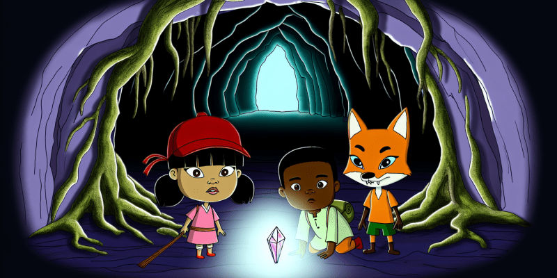 [Image prompt: A group of three friends, a girl, a boy, and a fox, standing in front of a mystical cave entrance, holding a glowing crystal.]