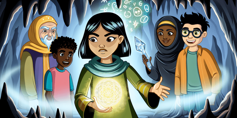 [Image prompt: A young girl with a determined expression holding a glowing crystal, surrounded by her friends and facing off against a powerful sorceress in a mystical cavern.]