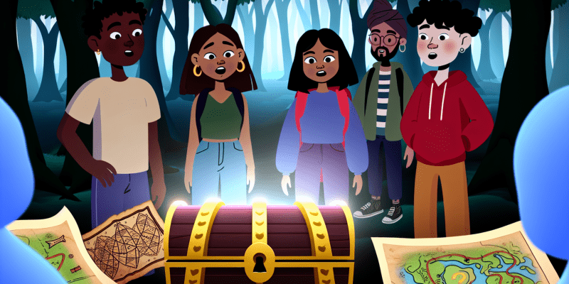 A group of friends standing in front of a mysterious, glowing treasure chest in the Enchanted Forest, with maps and riddles scattered around them.