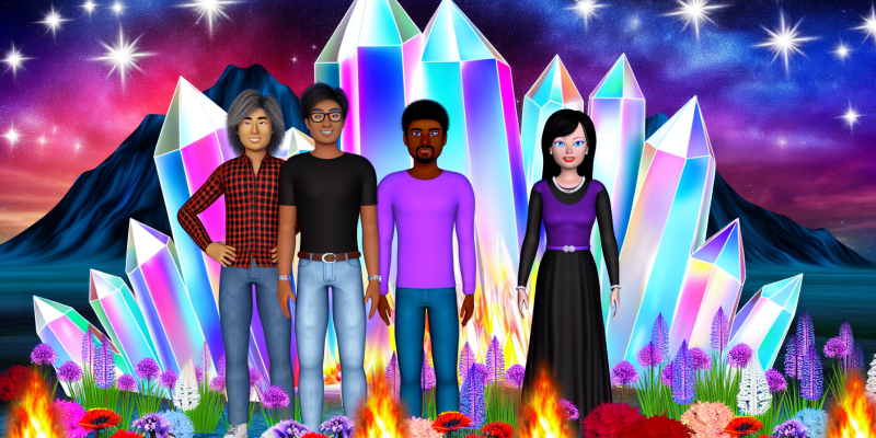 A group of friends standing in front of a shimmering Crystal Cave, with colorful flowers, twinkling stars, and dancing flames surrounding them.