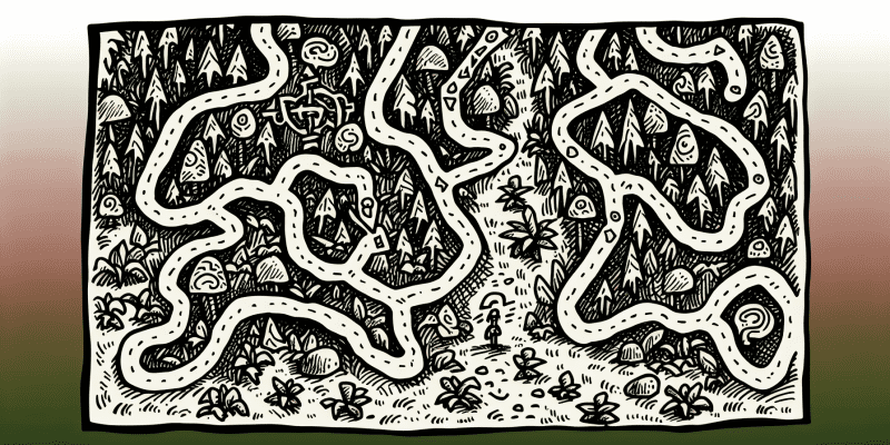 A worn, weathered map with intricate symbols and a mysterious trail leading into a dense forest.