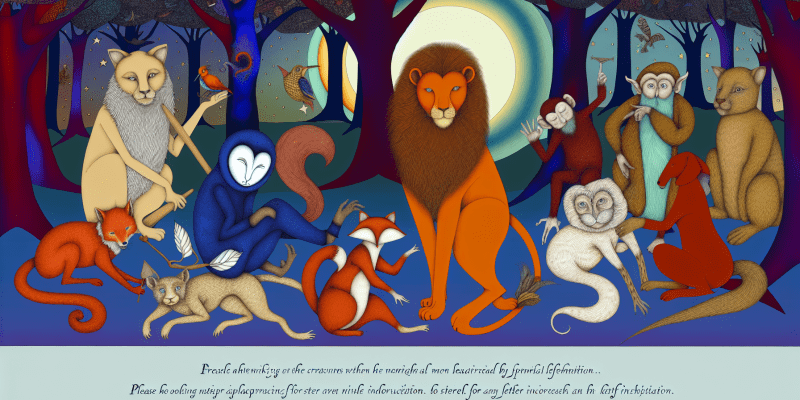 [Image prompt: A group of animals with unique and magical names, such as Leo the lion, Felix the fox, Mischief the monkey, and Olivia the owl, gathered together in the enchanted forest, preparing for a talent show.]