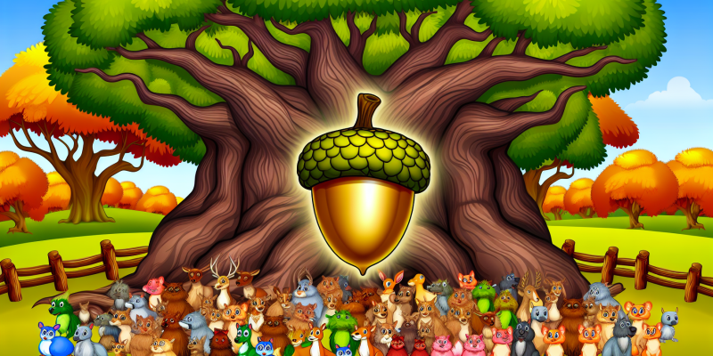 A group of animals standing together in front of a majestic ancient oak tree, with the Golden Acorn shimmering in the sunlight.