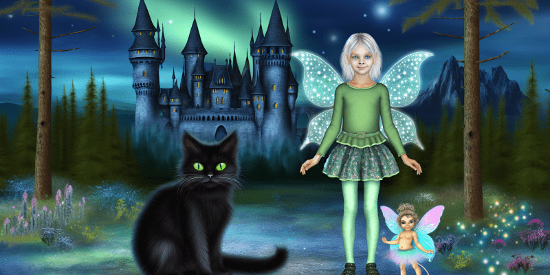 A young girl with a mischievous cat and a tiny fairy standing in front of a dark and mysterious castle in the Enchanted Forest.