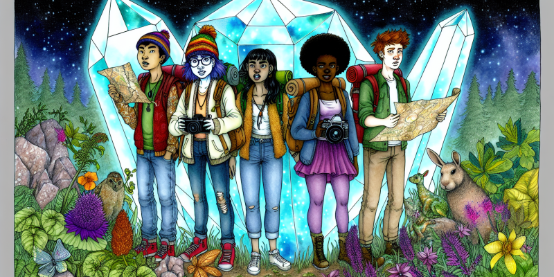 A group of friends standing in a magical forest, with a shimmering crystal in the background.