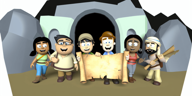 A group of friends standing in front of a mysterious cave entrance, holding a map and looking excited and determined to embark on their adventure.