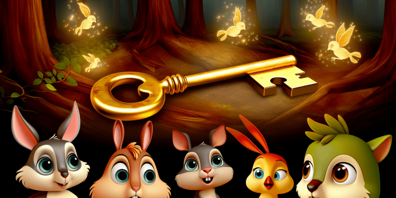 A golden key half-buried in the ground, surrounded by twinkling lights and talking animals in a magical forest.