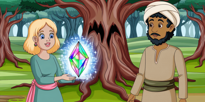 A girl and a boy standing in front of the oldest oak tree in Whispering Woods, holding a glowing rainbow-colored gem.