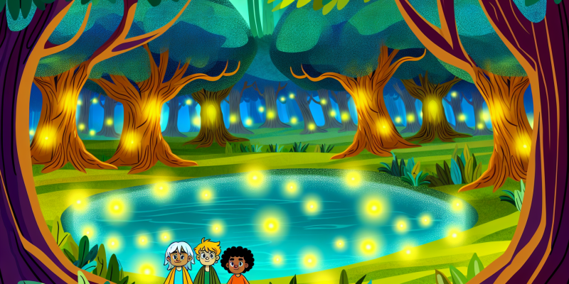 [Image: A magical forest with ancient trees, glowing leaves, and a sparkling pond in the moonlit meadow. Zara, Milo, and Nutmeg stand together, determined to find the Golden Feather and lift the curse.]