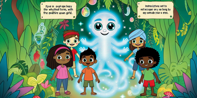 A group of children standing in front of a mysterious, glowing creature with twinkling eyes and a mischievous grin, surrounded by the enchanting beauty of the Enchanted Forest.