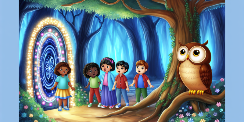 A group of children standing in front of a glowing, magical door in the Enchanted Forest, with a wise owl perched on a branch nearby.