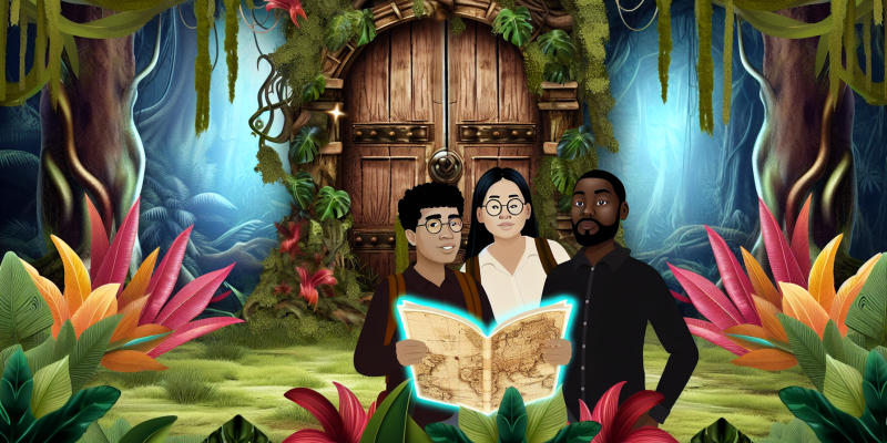 A group of three friends standing in front of a mysterious, overgrown door in a magical forest, holding a map and a glowing book.