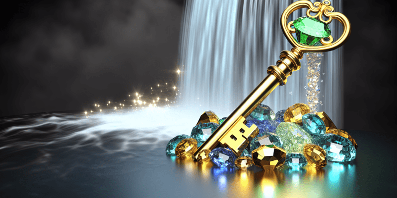 A golden key with an emerald embedded in the handle, nestled among sparkling rocks near a shimmering waterfall.